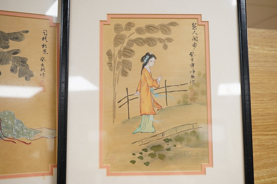 Contemporary, Chinese School, Figural studies, each signed with character marks and red seal marks, pair of watercolours, together with an Indian School watercolour, Figures on horseback in a courtyard, housed in a vizag